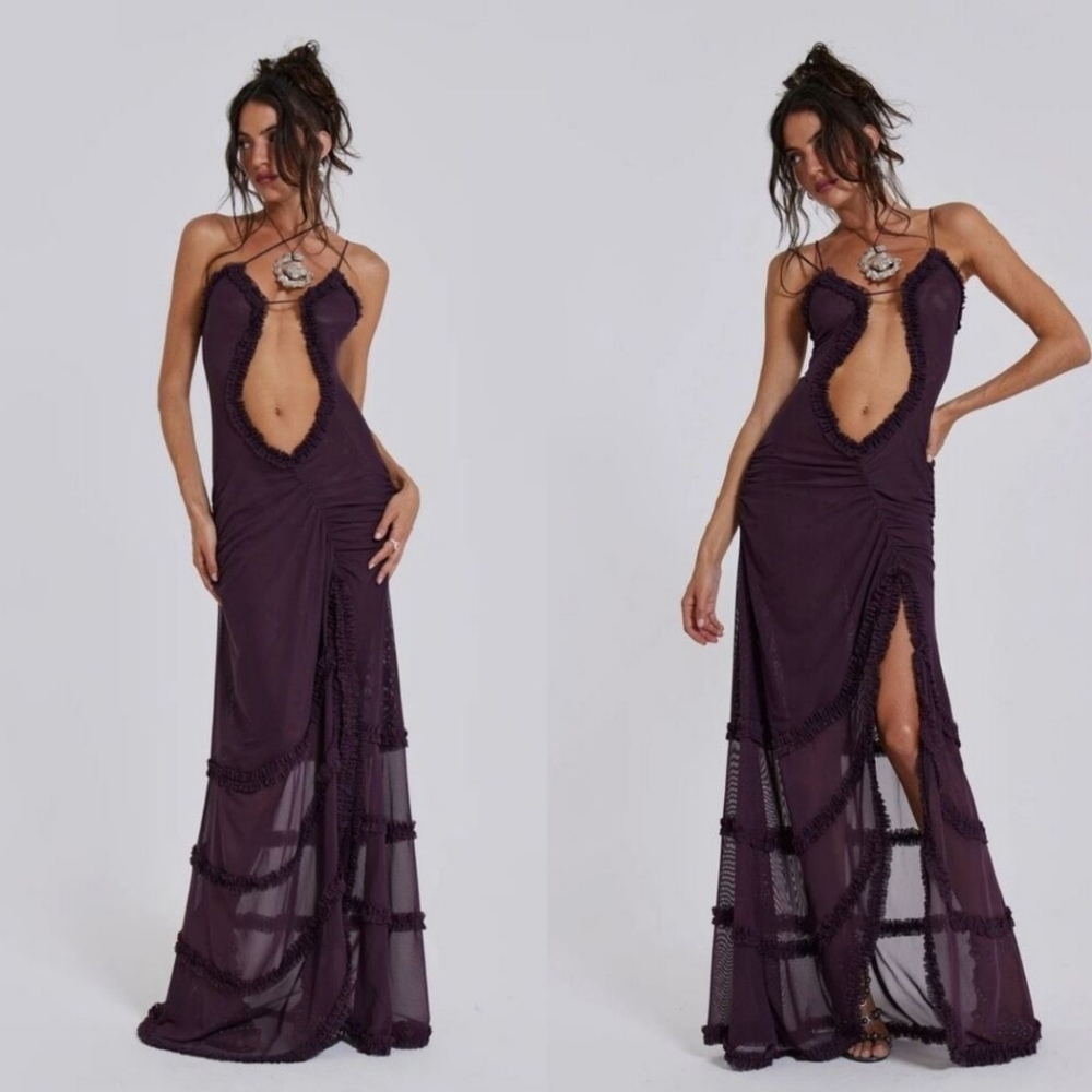 Purple Mesh Ruffle Cut Out Maxi Dress With Slit